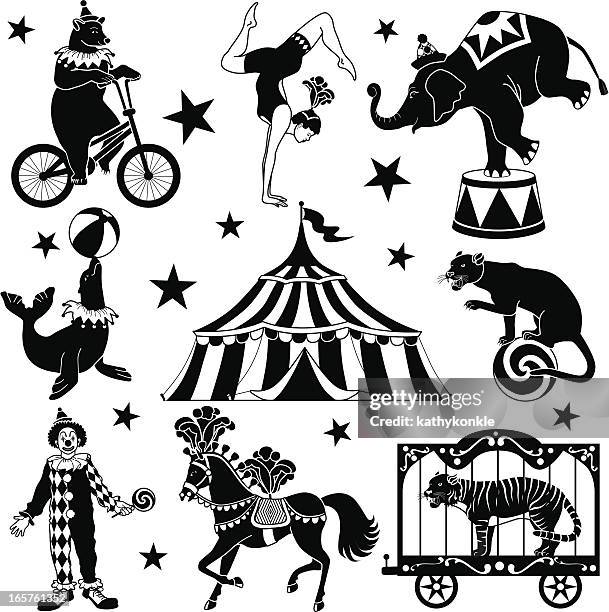 illustrations, cliparts, dessins animés et icônes de circus caractères - chapiteau de cirque