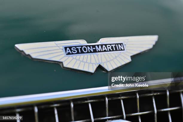 Bonnet badge on an vintage Aston Martin Speed Model chassis number 707 known as the Spar Special is displayed during the Salon Privé 2023 at Blenheim...