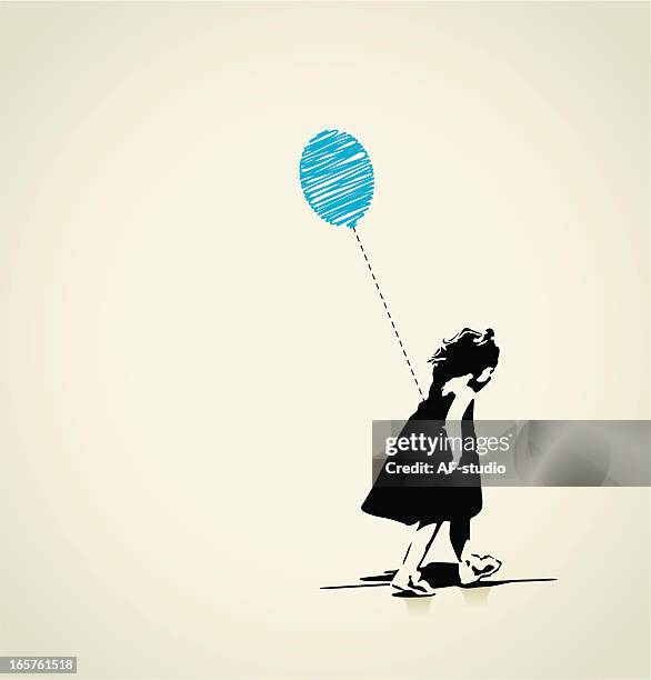 ilustraciones, imágenes clip art, dibujos animados e iconos de stock de chica con globo azul - sadness