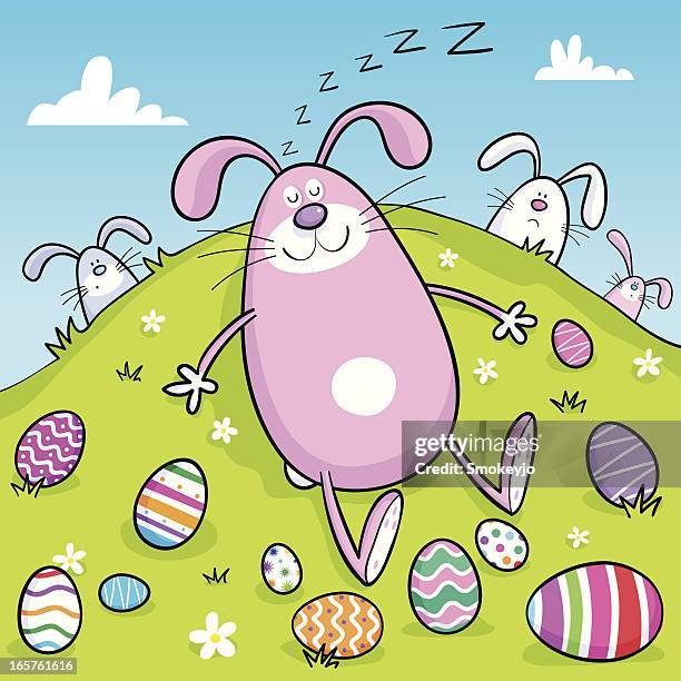 easter rabbit sleeps - animal lying on back stock illustrations