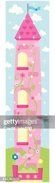 ilustraciones, imágenes clip art, dibujos animados e iconos de stock de linda pink princess tower con beanstalk de cuento de hadas - rapunzel