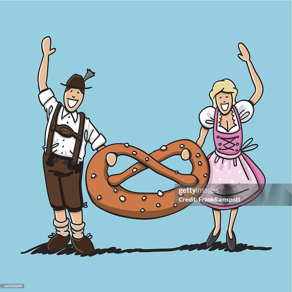 Oktoberfest pareja con grandes Pretzel