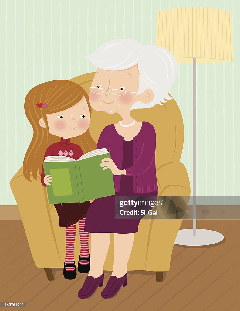 Cartoon of grandmother and granddaughter during storytime
