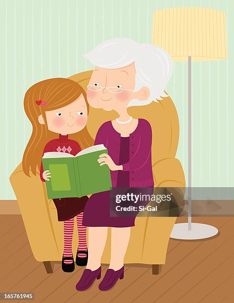 cartoon of grandmother and granddaughter during storytime - family on sofa stock illustrations