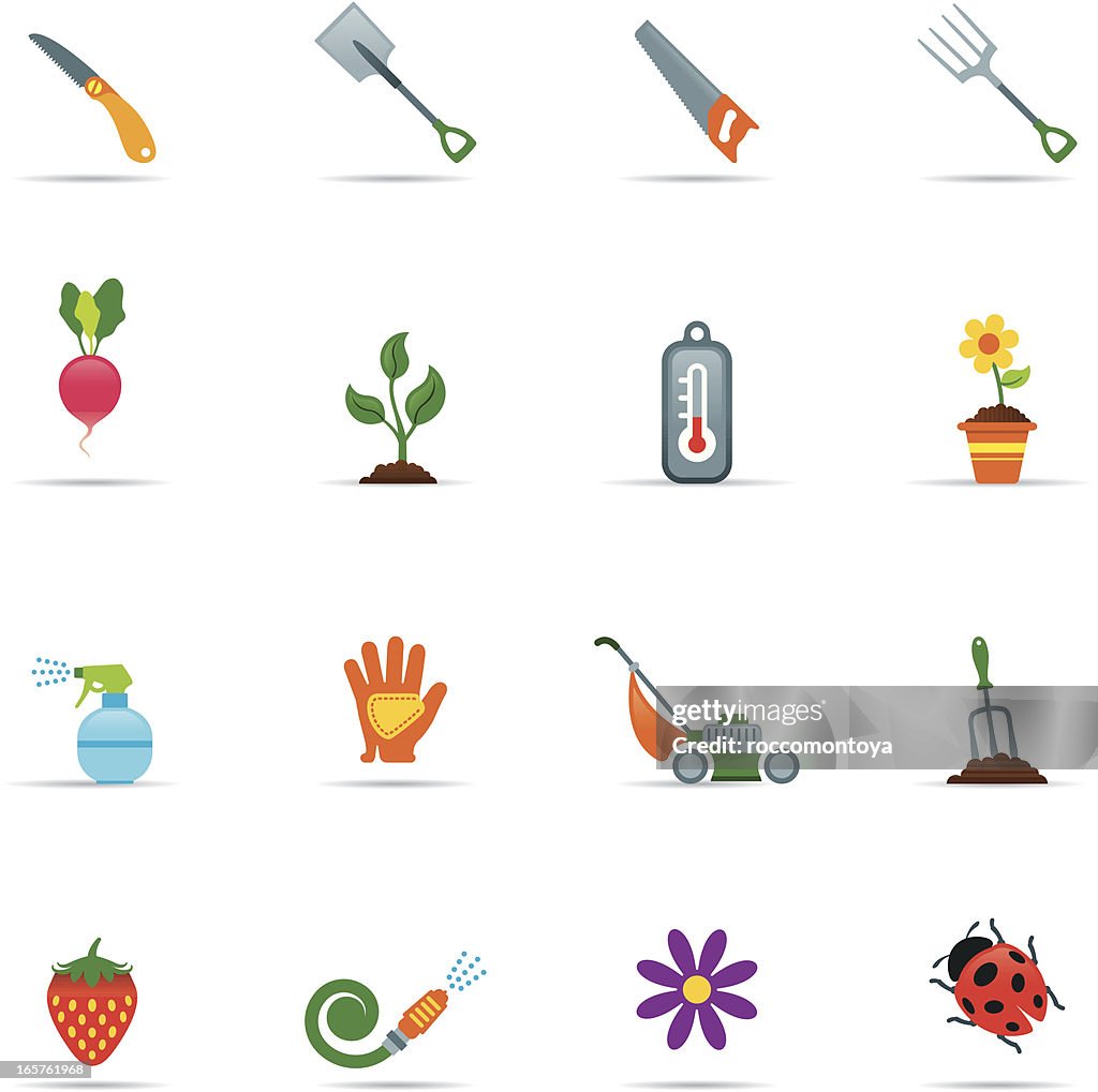 Sixteen gardening icons on a white background