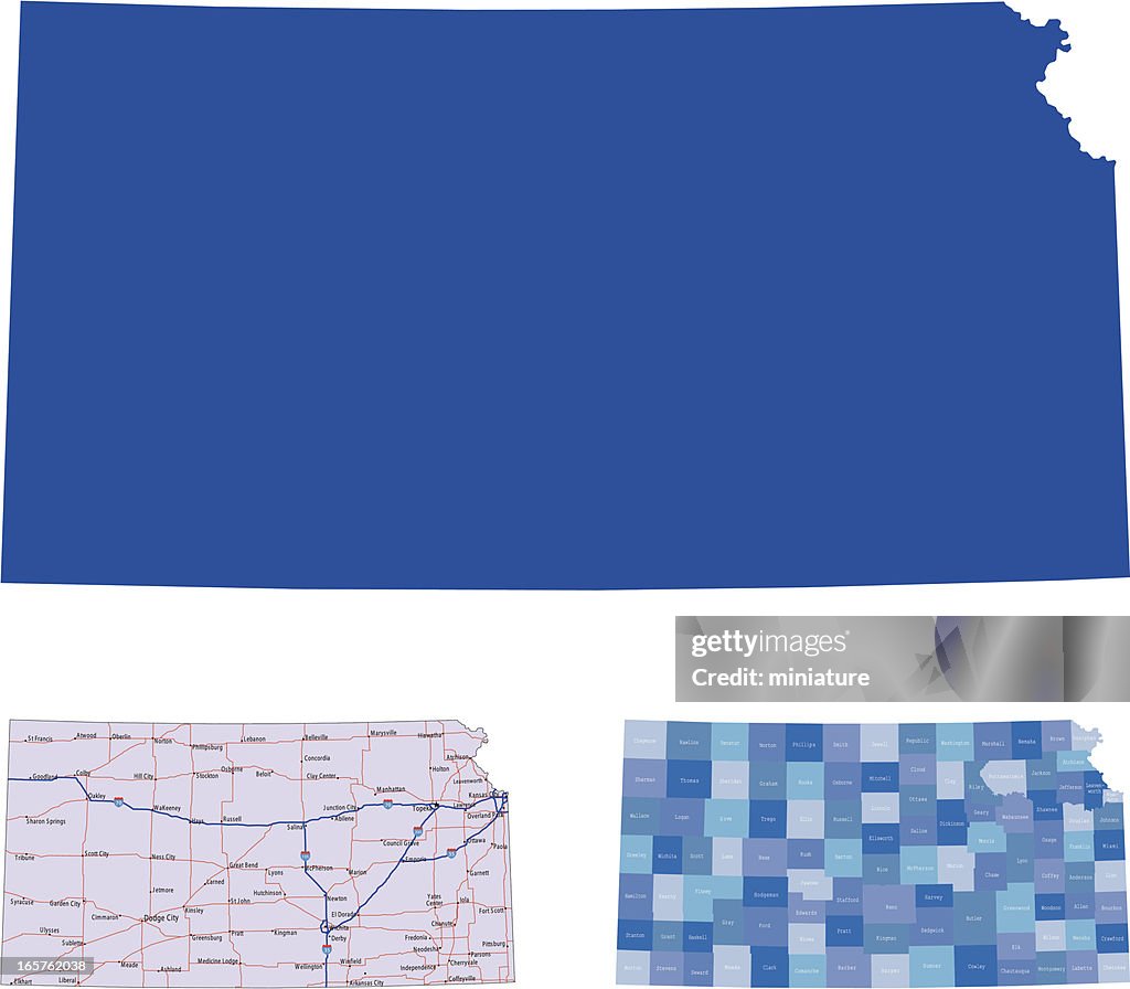 Kansas in solid, roads, and county mapping