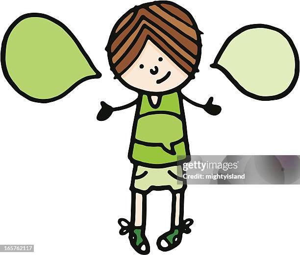 happy boy with two green speech bubbles - two teens talking stock illustrations