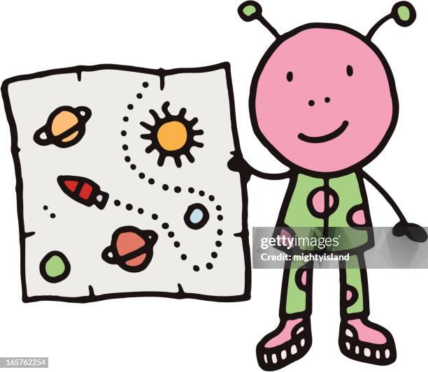 alien holding a map - solar system white background stock illustrations