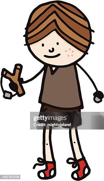boy with catapult - pebbles white background stock illustrations