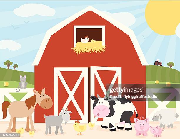 ilustraciones, imágenes clip art, dibujos animados e iconos de stock de farm escena de - establo