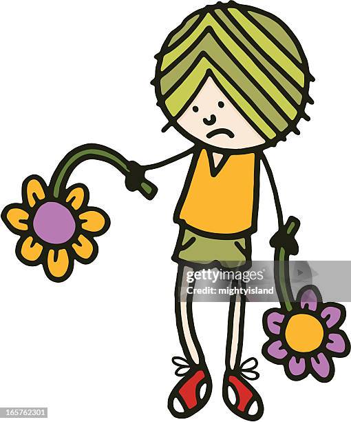 sad boy holding a drooping flower - bereavement support stock illustrations