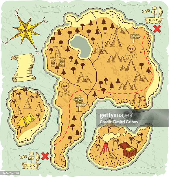 illustrations, cliparts, dessins animés et icônes de main dessinée carte du trésor - malle-au-trésor