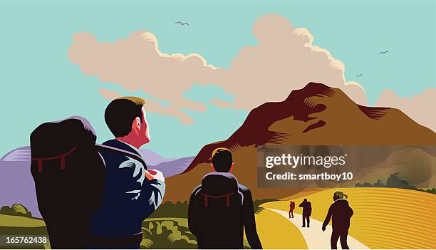 hill walkers - pioneer stock illustrations