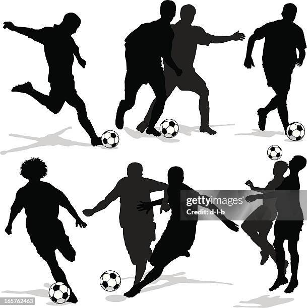 soccer player silhouettes with shadows - boy soccer team stock illustrations