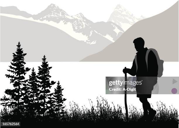 lake'nmountain vector silhouette - man hiking stock illustrations
