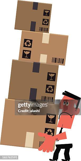 man struggling to lift a pile of boxes - over burdened stock illustrations