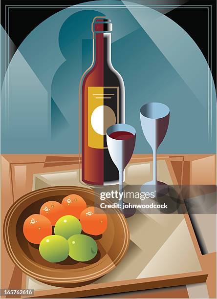ilustraciones, imágenes clip art, dibujos animados e iconos de stock de vino y frutas - cubismo