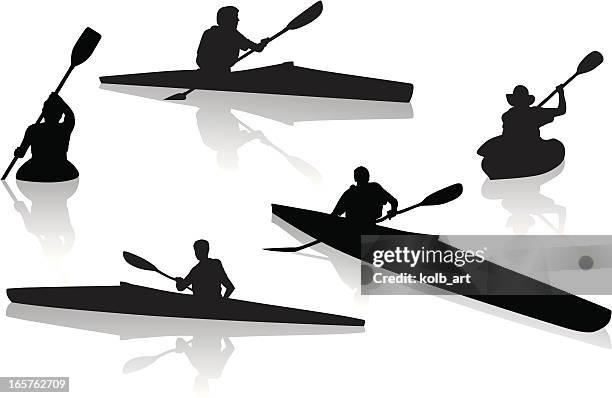 silhouettes of single kayakers kayaking - recreational boat stock illustrations