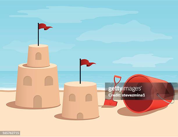cartoon sand castle at the beach - bucket and spade stock illustrations