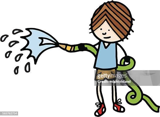 boy with hose pipe and water - water wastage stock illustrations