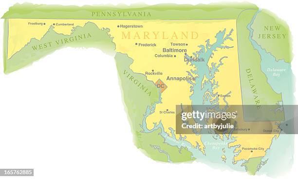 ilustraciones, imágenes clip art, dibujos animados e iconos de stock de mapa de maryland-estilo de acuarela - chesapeake bay