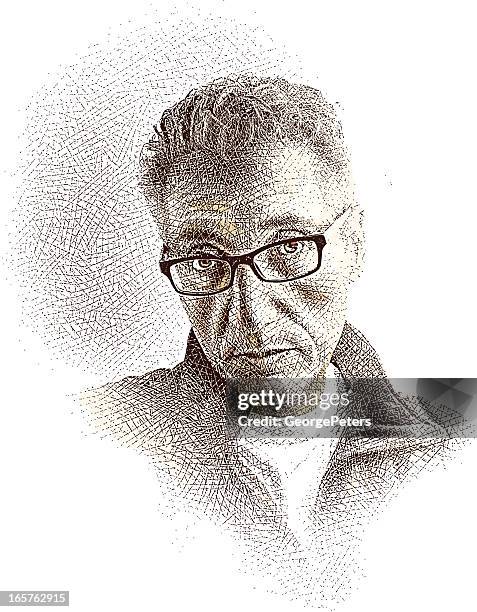 pensive man etching - grumpy old man stock illustrations