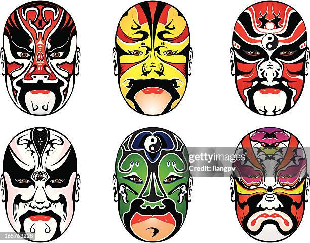 stockillustraties, clipart, cartoons en iconen met set of six colorful chinese opera masks on white background - chinese opera