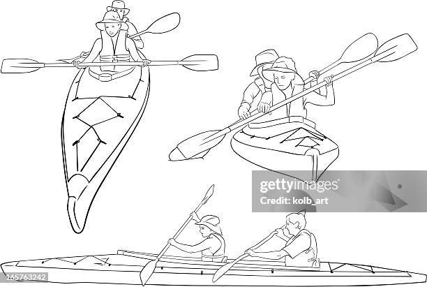 stockillustraties, clipart, cartoons en iconen met line drawings of double kayaks - woman summer sport outside
