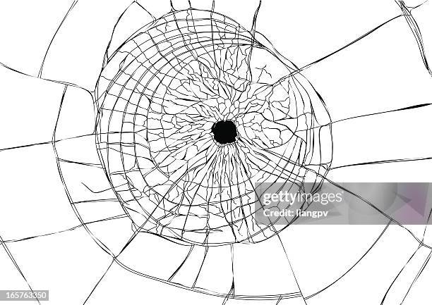 broken glass with small piece missing from center - bullet hole stock illustrations