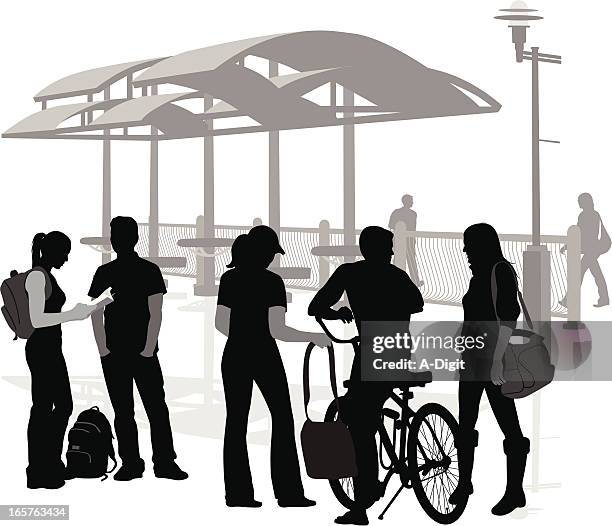 cycling stop vector silhouette - bus stop stock illustrations