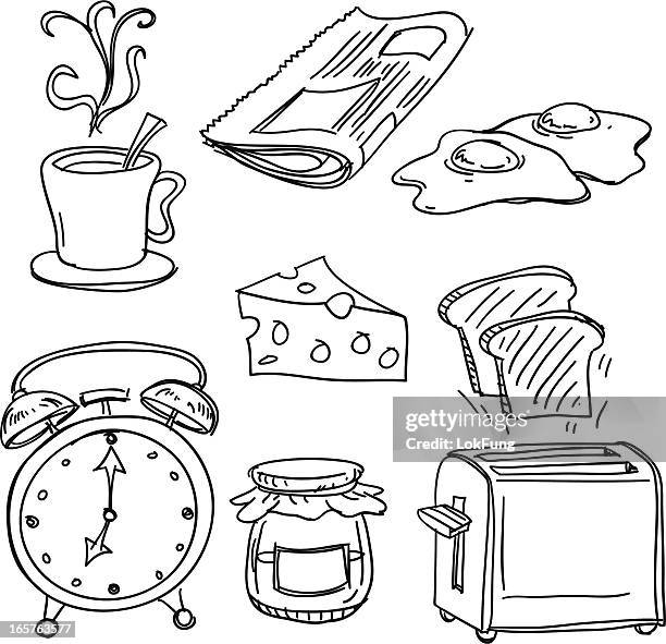ilustraciones, imágenes clip art, dibujos animados e iconos de stock de colección de desayuno en blanco y negro - alarm clock
