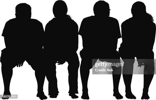 four people sitting leaning on elbows - man looking down white background stock illustrations