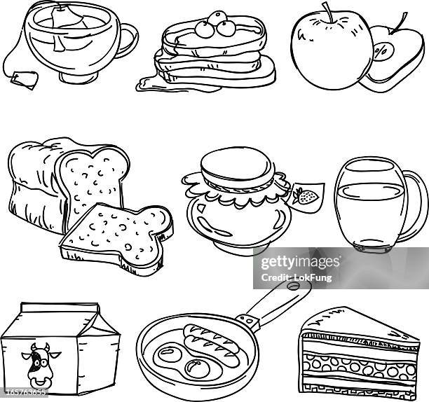 frühstück-kollektion in skizze stil - üppige torte stock-grafiken, -clipart, -cartoons und -symbole