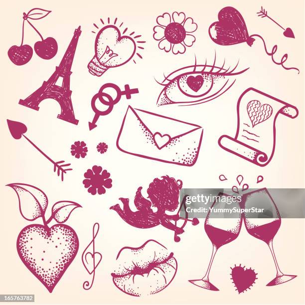 hand-drawn valentine`s day set - eiffel tower lights stock illustrations