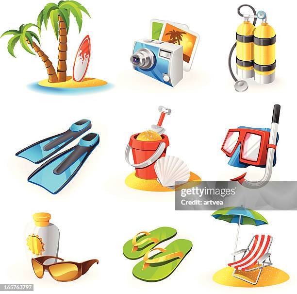 ilustraciones, imágenes clip art, dibujos animados e iconos de stock de conjunto de iconos de vacaciones - sandal