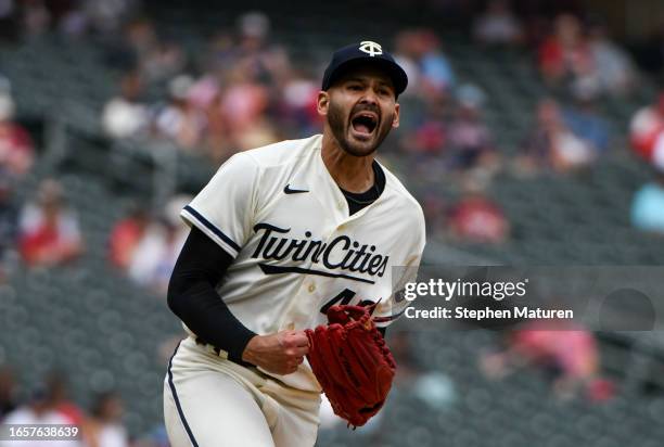 Pablo Lopez of the Minnesota Twins reacts after throwing a strikeout pitch in the seventh inning of the game against the New York Mets at Target...