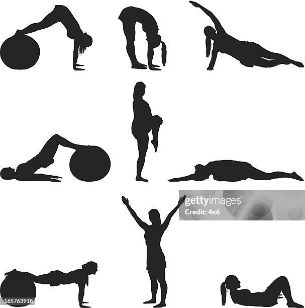 female silhouettes working out - lying on back exercise stock illustrations