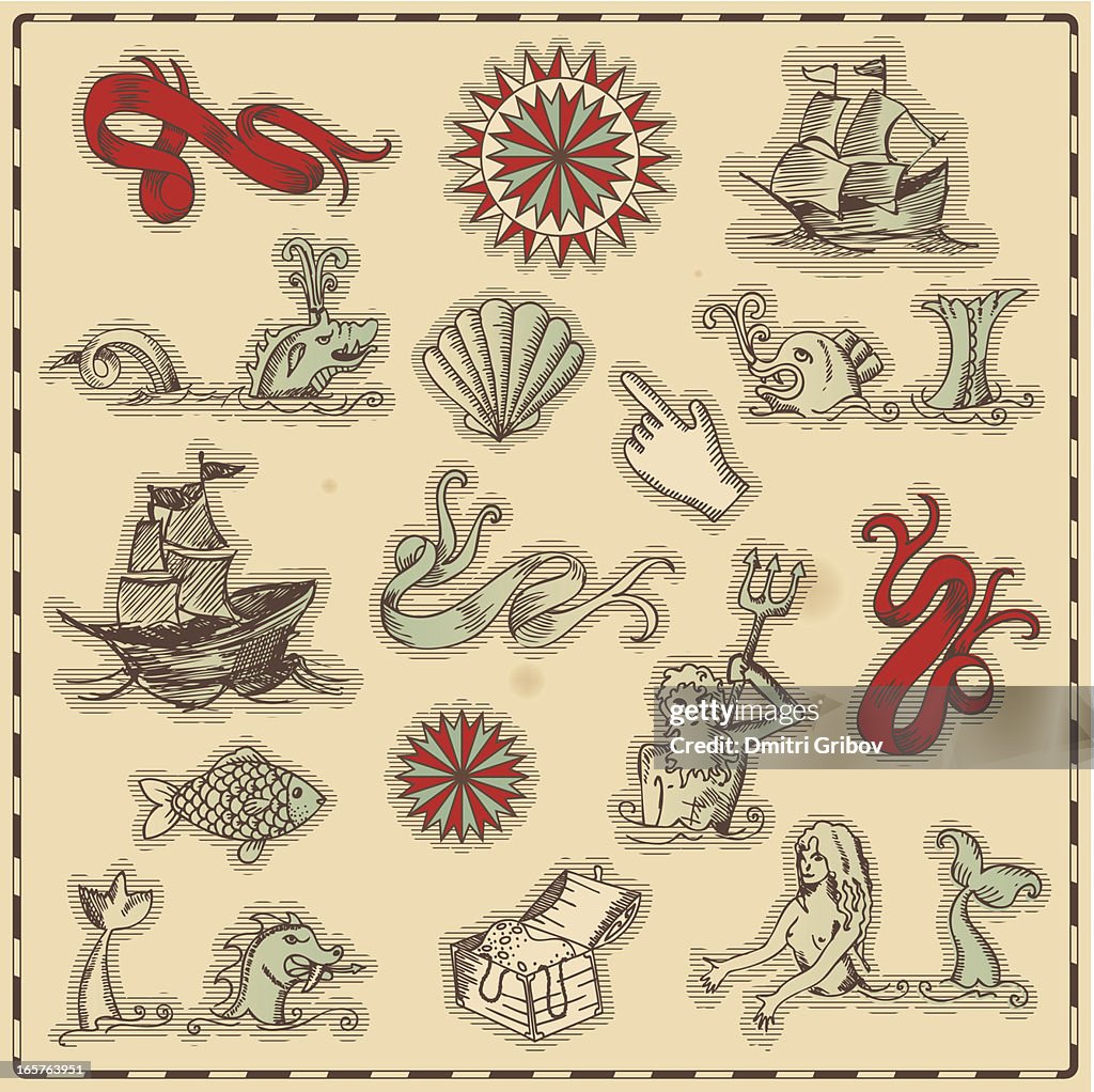 Mão desenhada Oceano antigo ícones de navegação