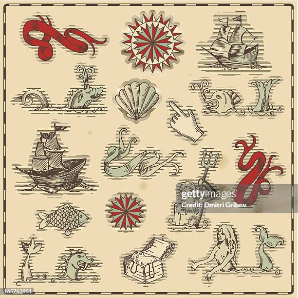 ilustrações de stock, clip art, desenhos animados e ícones de mão desenhada oceano antigo ícones de navegação - pirata