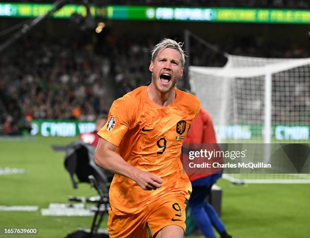 Wout Weghorst of Netherlands celebrates after scoring his side's second goal during the UEFA EURO 2024 European qualifier match between Republic of...