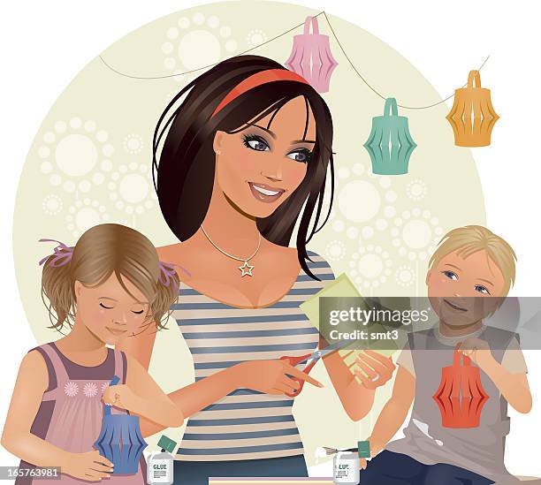 creative mom - making paper lanterns stock illustrations