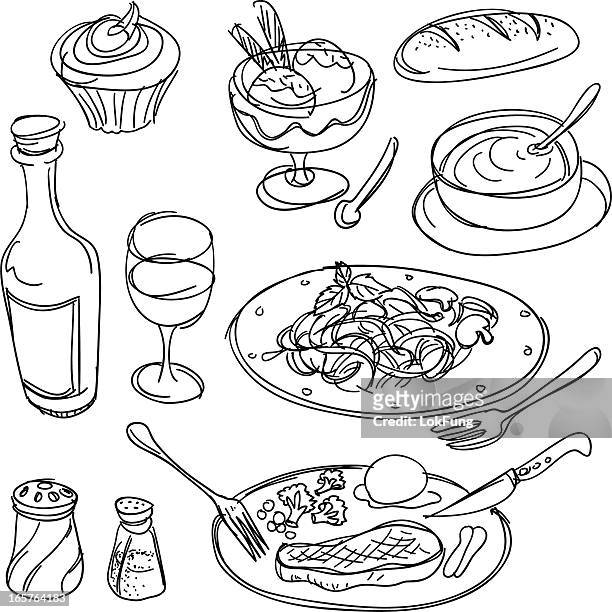 abendessen-sammlung in schwarz und weiß - zeichnung food stock-grafiken, -clipart, -cartoons und -symbole