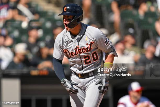Spencer Torkelson of the Detroit Tigers reacts after a home run in the seventh inning off Aaron Bummer of the Chicago White Sox at Guaranteed Rate...
