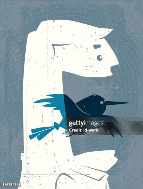 man with blue bird silhouette - bird set free stock illustrations