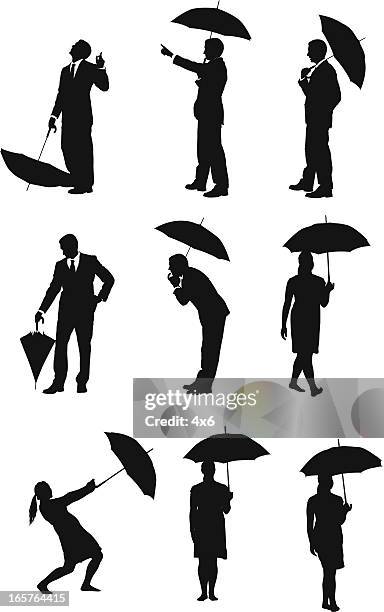 people walking with umbrellas - hands in pockets vector stock illustrations