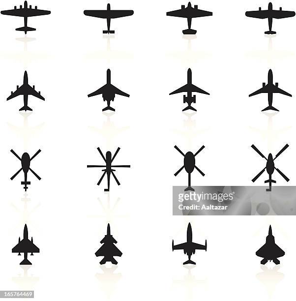 illustrazioni stock, clip art, cartoni animati e icone di tendenza di nero simboli-in aereo & elicotteri - military helicopter