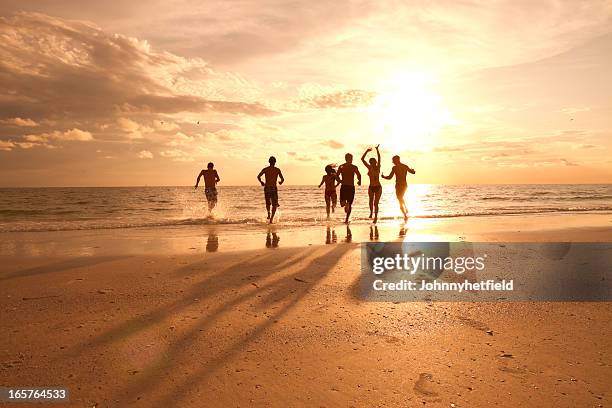 grupo de amigos divirtiéndose en la playa - dusk fotografías e imágenes de stock