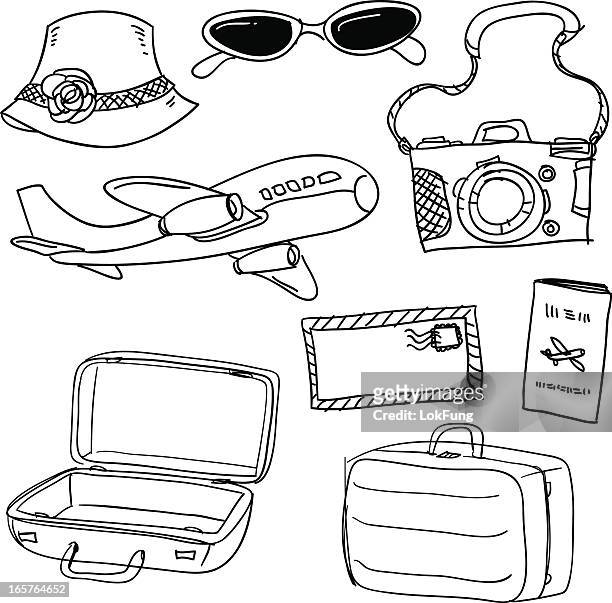 旅のアイテムのブラックとホワイト - 航空便点のイラスト素材／クリップアート素材／マンガ素材／アイコン素材