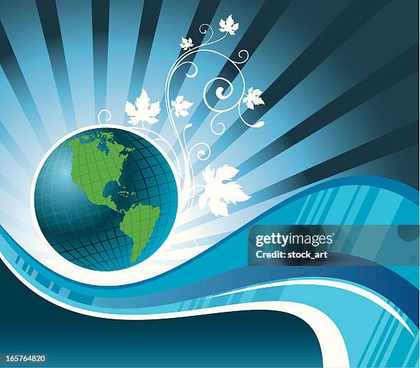 background with globe and floral elements against blue gradient - australia post stock illustrations