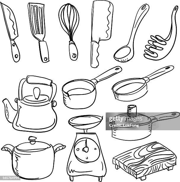 küchengeräte in skizze stil - bratpfanne stock-grafiken, -clipart, -cartoons und -symbole